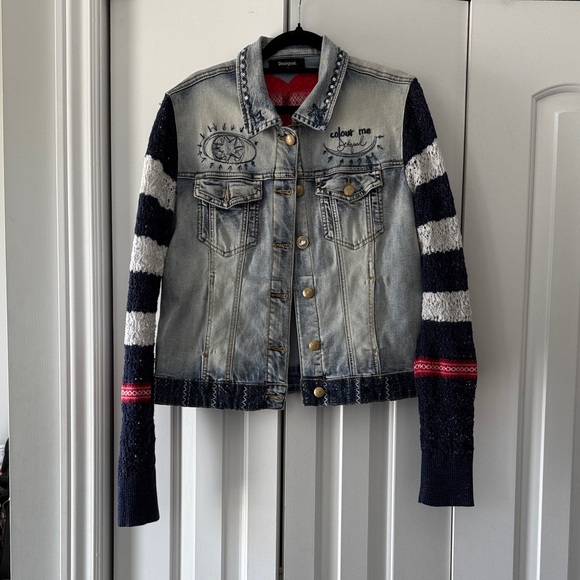 Desigual Jackets & Blazers - Desigual Light-Wash Denim Jacket with Navy & White Striped Knit Sleeves